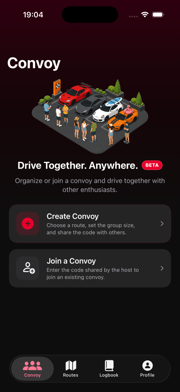Konvyo home screen for creating a convoy
