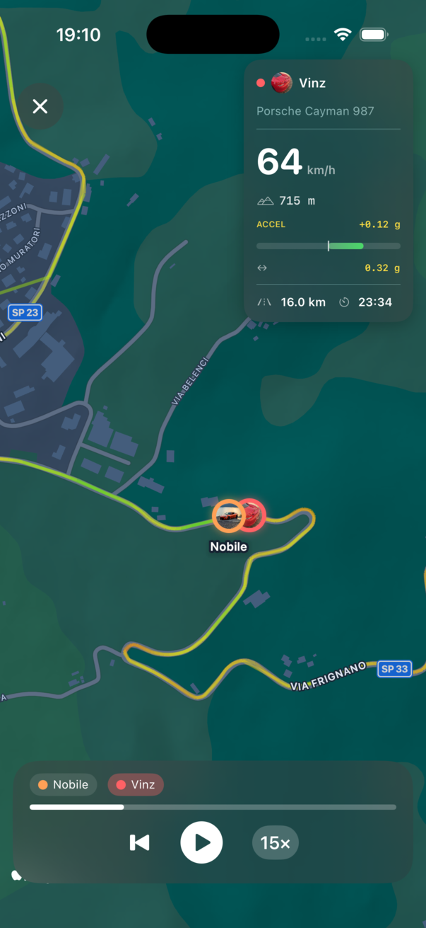 Konvyo replay screen with map and telemetry stats